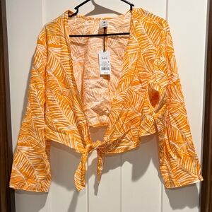 Shade & Shore Vibrant Orange Leaf Tie-Front Blouse